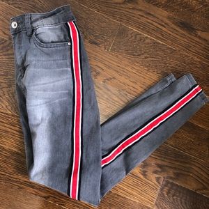 Grey Stretchy Jeans/Jeggings With Red Stripe
